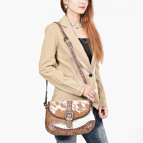 ADBG1806 American Darling Hand Tooled Floral & Cowhide Small Cross Body Bag
