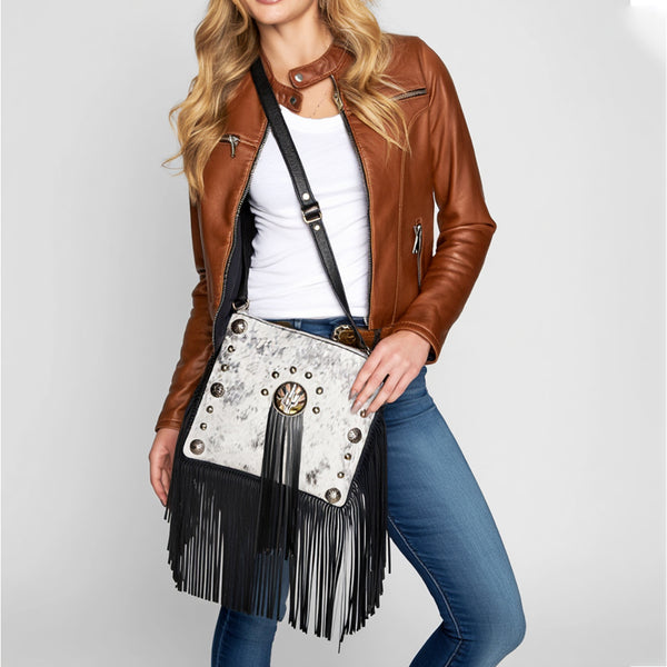 ADBGA880 American Darling Hair-On Cowhide Genuine Leather Fringed Cross body Bag