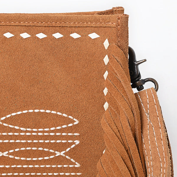 ADBG1572 American Darling Western Genuine Suede Leather Crossbody Bag with Fringe & Buck Stitch Detailing