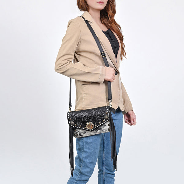 ADBGA886 American Darling Hand Tooled Floral Cross body Bag with Hair-On Cowhide & Fringes