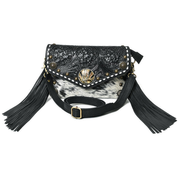 ADBGA886 American Darling Hand Tooled Floral Cross body Bag with Hair-On Cowhide & Fringes