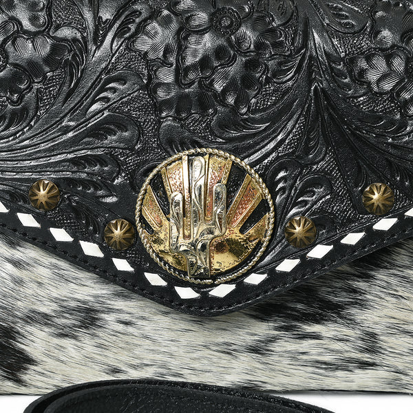ADBGA886 American Darling Hand Tooled Floral Cross body Bag with Hair-On Cowhide & Fringes
