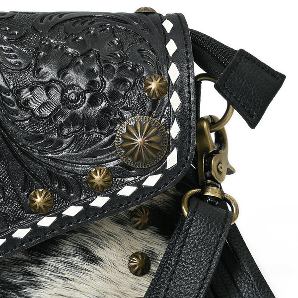 ADBGA886 American Darling Hand Tooled Floral Cross body Bag with Hair-On Cowhide & Fringes