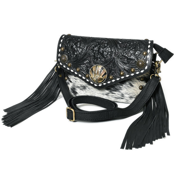 ADBGA886 American Darling Hand Tooled Floral Cross body Bag with Hair-On Cowhide & Fringes