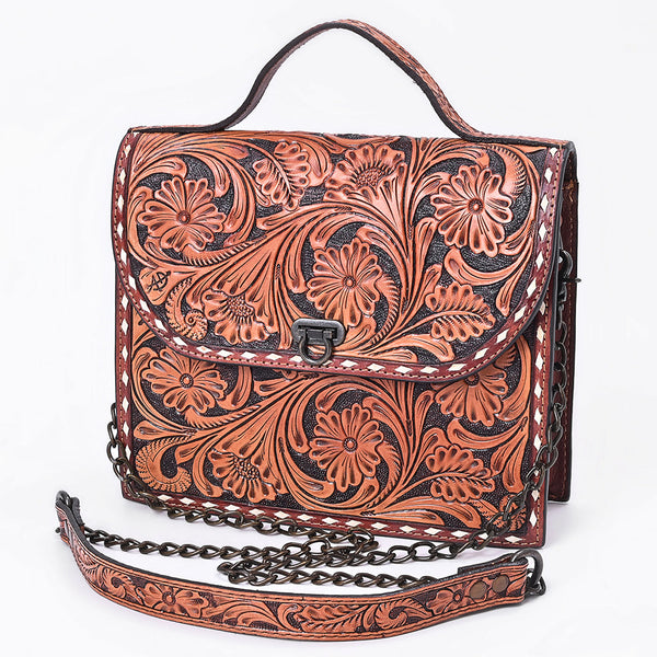 ADBG1816 American Darling Hand Tooled Floral Carved Leather Western Cross body Bag with Chain Strap