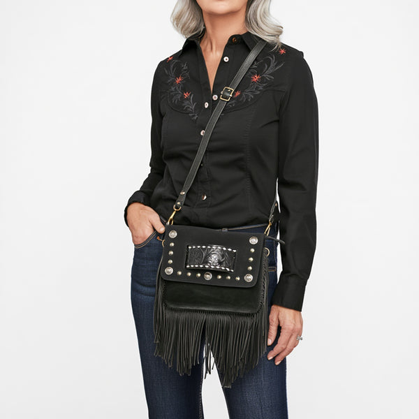 ADBGA906 American Darling Western Hand Tooled Floral Cross body Bag with Genuine Suede & Fringes
