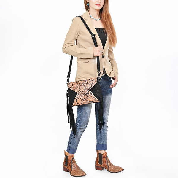 ADBG1821 American Darling Hand Tooled Floral Envelop Bag with Fringes and Damascus Detailing