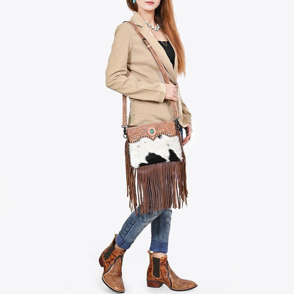 ADBG1829 American Darling Hand Tooled Floral & Cowhide Cross body Bag with Western Fringes