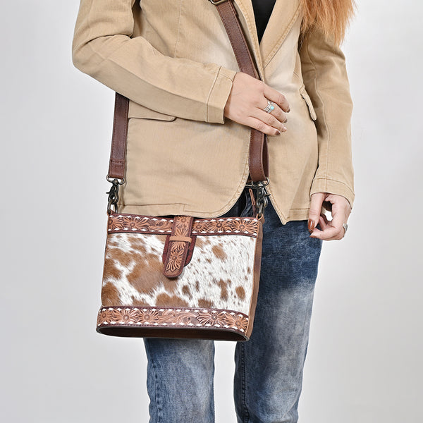 ADBG1833 American Darling Hand Tooled Floral & Cowhide Western Cross body Bag