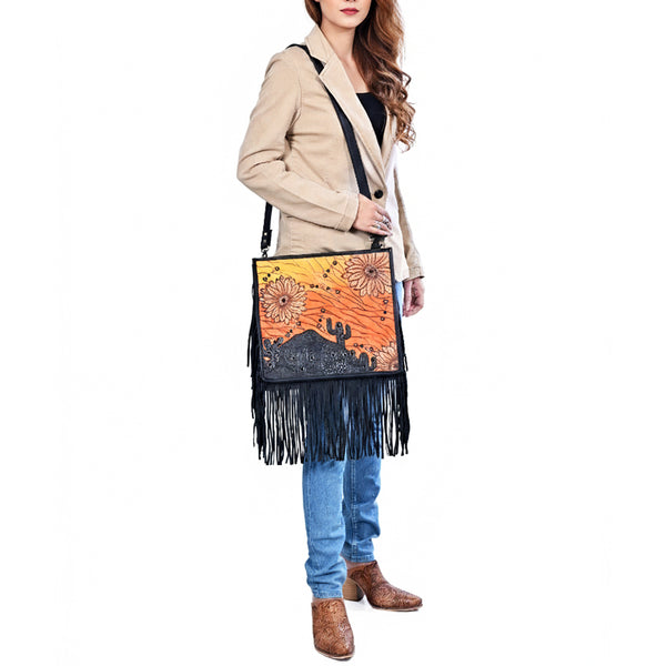 ADBGA938 American Darling Western Hand Tooled Floral Cross body Bag with Long Leather Fringes