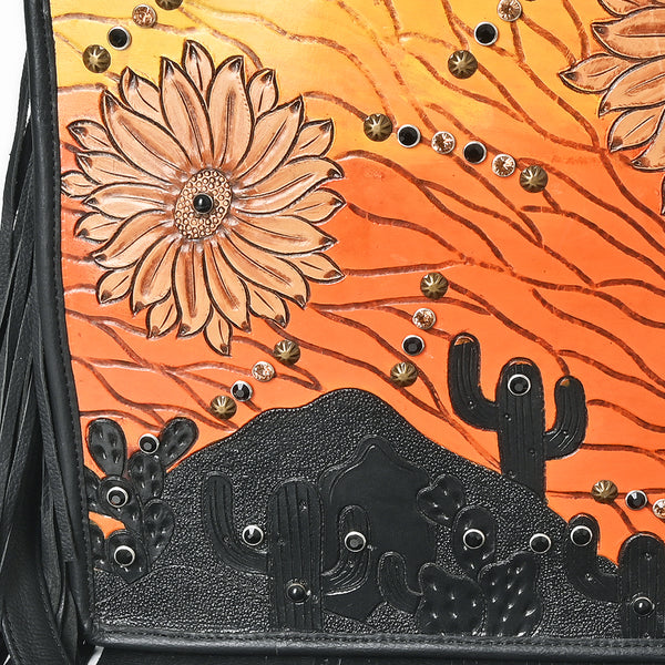 ADBGA938 American Darling Western Hand Tooled Floral Cross body Bag with Long Leather Fringes