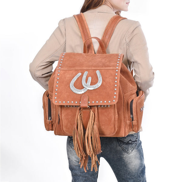 ADBG1853 American Darling Western Genuine Suede Backpack Bag with Fringes and Horseshoe Concho