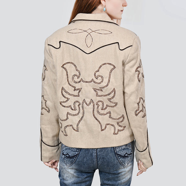 ADJKT079 Women Western Button-Front Woolen Jacket with Embroidery