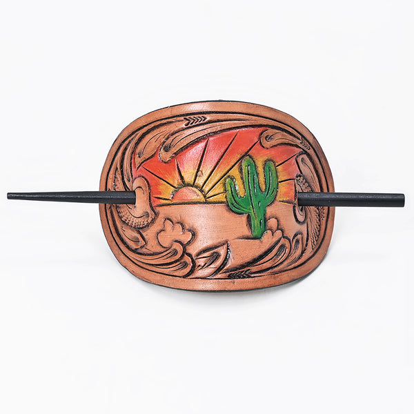 ADHCG101B-L American Darling Hand Tooled Leather Hair Clip with Desert Cactus & Sunset Design