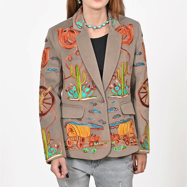ADBZ070 American Darling Grey Fabric Blazer Jacket Western Wagon Cactus Embroidery