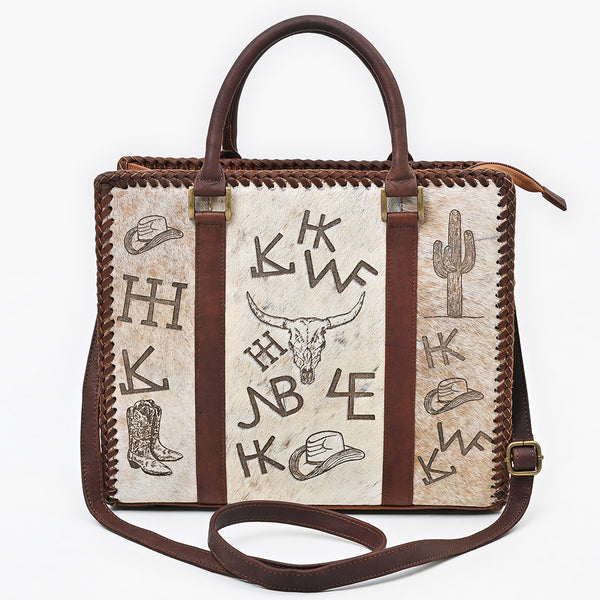 ADBGM854 American Darling Western Leather Tote Bag with Hair-On Cowhide and Braided Accents