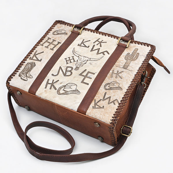 ADBGM854 American Darling Western Leather Tote Bag with Hair-On Cowhide and Braided Accents
