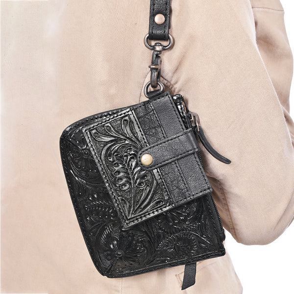 ADBG1896 American Darling Western Leather Coin Purse with card holder - Hand-Tooled Floral Carved