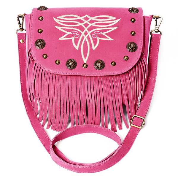 ADBGA836 American Darling Genuine Suede Leather Fringe Cross body Bag with Embroidery
