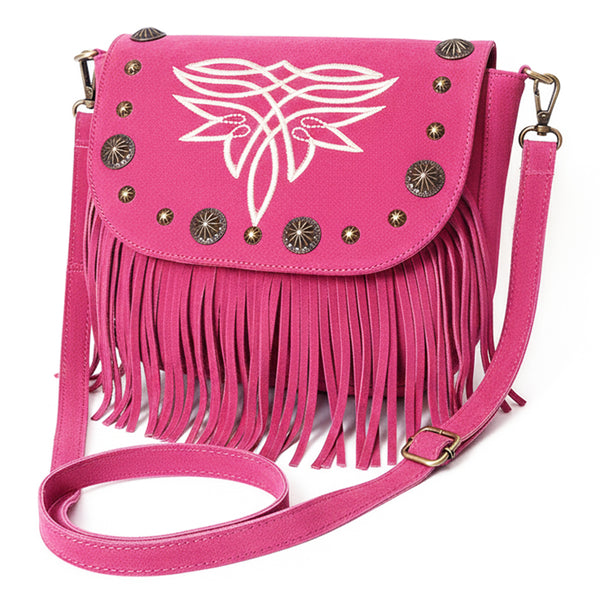 ADBGA836 American Darling Genuine Suede Leather Fringe Cross body Bag with Embroidery