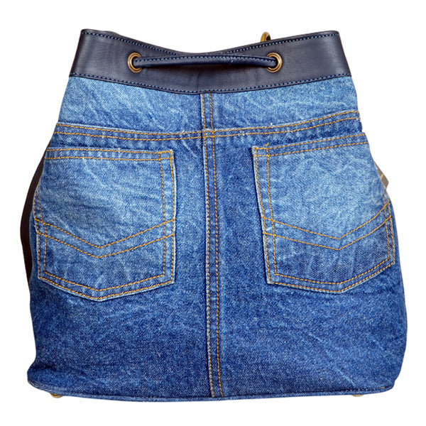 ADBGA998 Bucket Hand Tooled Denim Fabric Genuine Leather Women Bag