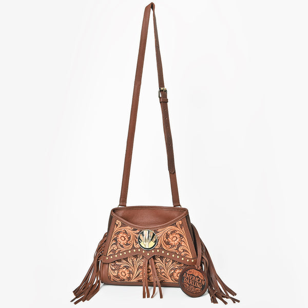 ADBGA999 American Darling Western Hand Tooled Floral Bucket Bag - Riveted Leather with Fringes