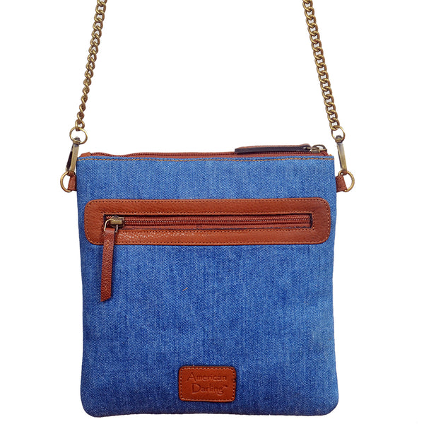 ADBGA1023 Crossbody Hand Tooled Denim Fabric Genuine Leather Women Bag