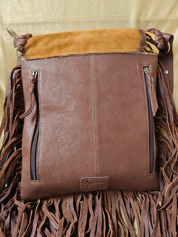 ADBGM477 Cowhide & Leather Western Fringe Messenger Bag - Western Concho Bag with Turquoise Accent