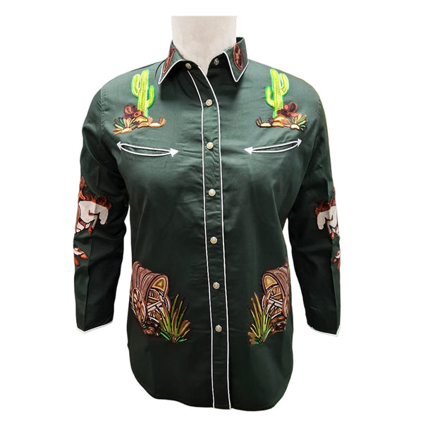 ADSH062 American Darling Olive Green Western Apparel - Embroidered Cotton Twill Rodeo Top