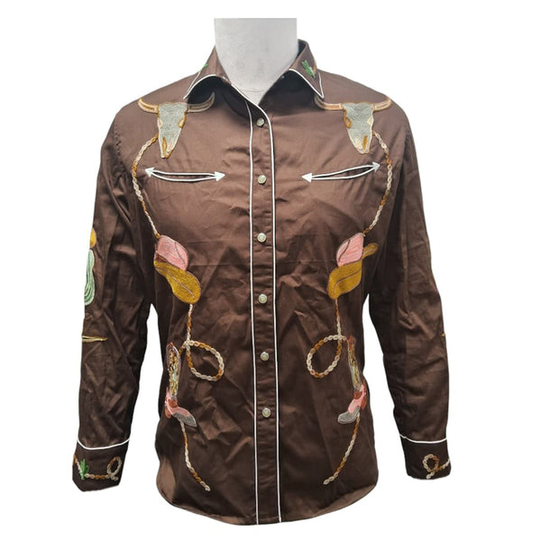 ADSH072 American Darling Brown Western Apparel - Embroidered 100% Twill Cotton Bull Skull Top