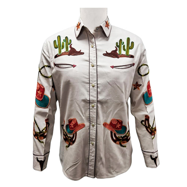 ADSH045 American Darling Ivory Western Apparel - Embroidered Cotton Lycra Cowboy Motif Shirt