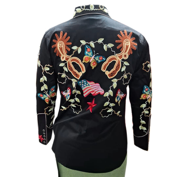 ADSH047 American Darling Black Western Apparel - Embroidered Cotton Satin Butterfly Shirt