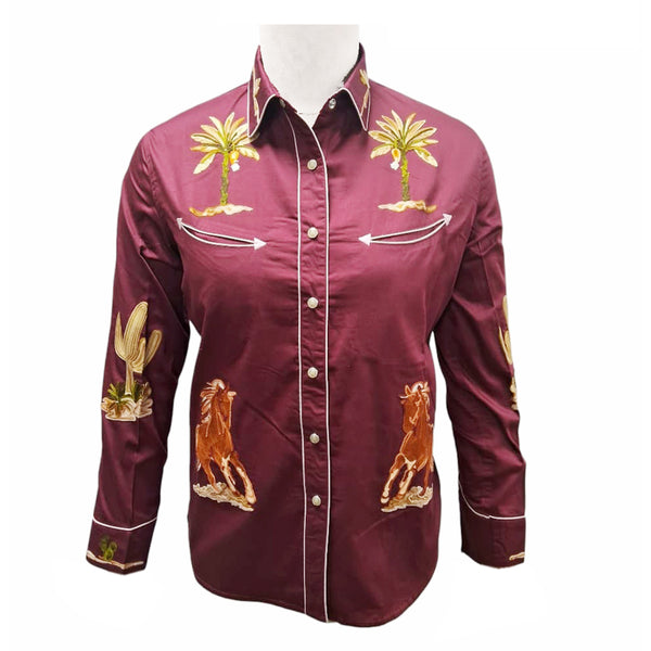 ADSH052 American Darling Maroon Western Apparel - Embroidered Cotton Satin Horse Motif Shirt