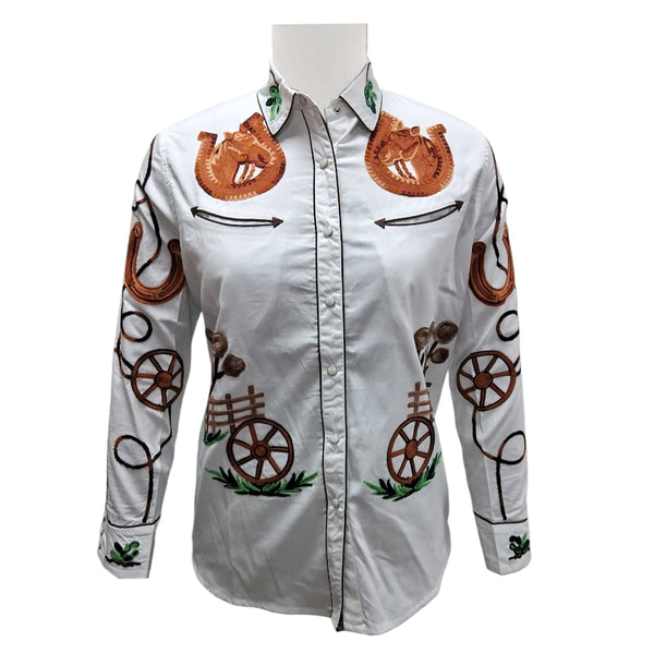 ADSH055 American Darling White Western Apparel - Embroidered Cotton Twill Horseshoe Shirt