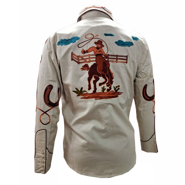 ADSH057 American Darling Off White Western Apparel - Embroidered Cotton Twill Cowboy Shirt