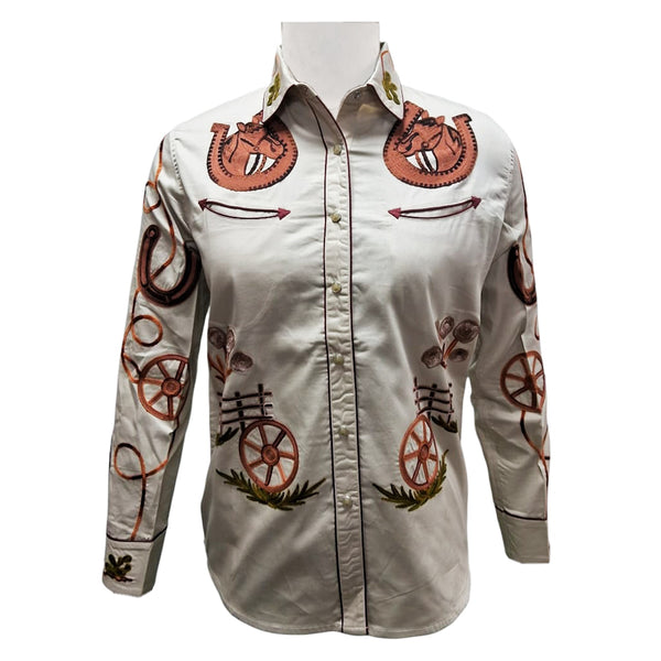 ADSH057 American Darling Off White Western Apparel - Embroidered Cotton Twill Cowboy Shirt
