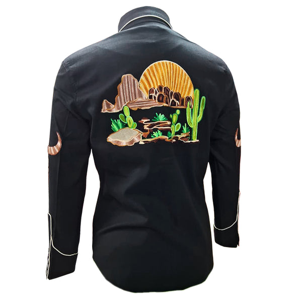 ADSH058 American Darling Black Western Apparel - Embroidered Cotton Lycra Wagon Wheel Top