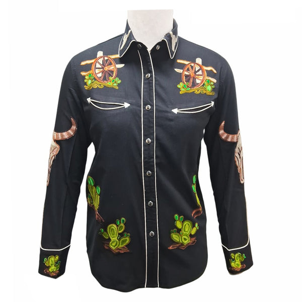ADSH058 American Darling Black Western Apparel - Embroidered Cotton Lycra Wagon Wheel Top