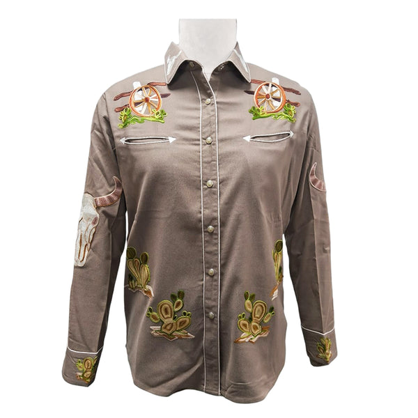 ADSH059 American Darling Taupe Western Apparel - Embroidered Cotton Lycra Longhorn Shirt