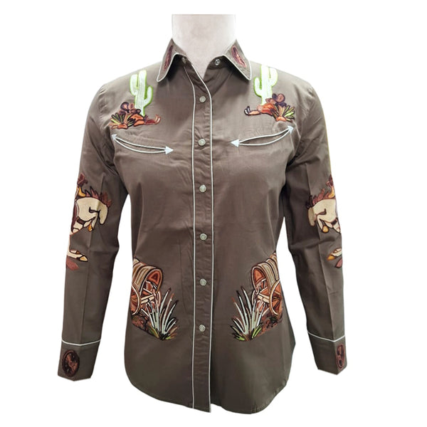 ADSH061 American Darling Earth Brown Western Apparel - Embroidered Cotton Twill Rodeo Top