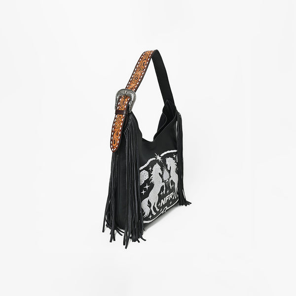 Official PRCA & NFR Licensed Collection® Tooled Leather Strap White Embroidered Graphic Fringe Shoulder Bag