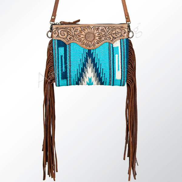 ADBG236 American Darling Woven Saddle Blanket Tooled Leather Fringe Crossbody