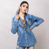 LC-ADSH026 Women's Light Wash Western Denim Shirt with Hand-Tooled Black Backed Floral Leather Yoke
