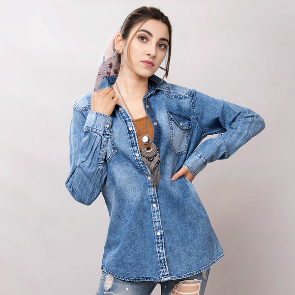 LC-ADSH026 Women's Light Wash Western Denim Shirt with Hand-Tooled Black Backed Floral Leather Yoke