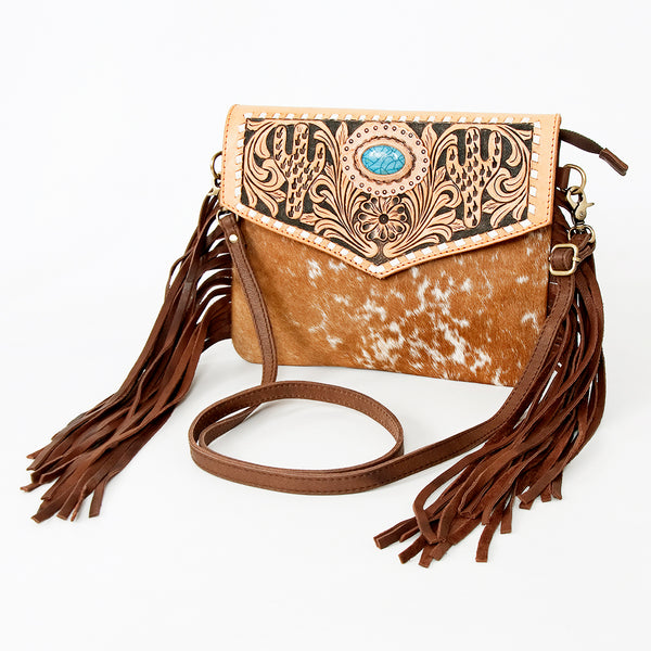 ADBGD118 American Darling Hand Tooled Floral & Hair-On Cowhide Leather Envelope with Fringes