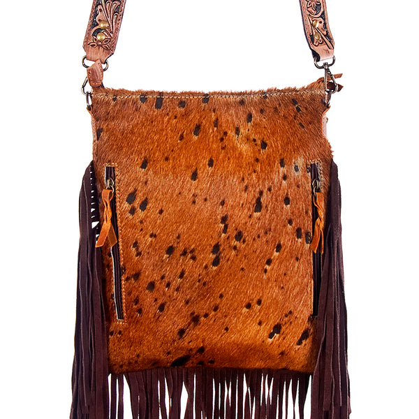 ADBGS192 Cowhide Large Crossbody Bag with Tooled Patch, Fringe & Floral Strap - Western Purse