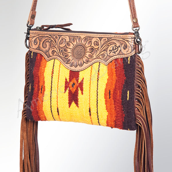 ADBG236 American Darling Woven Saddle Blanket Tooled Leather Fringe Crossbody