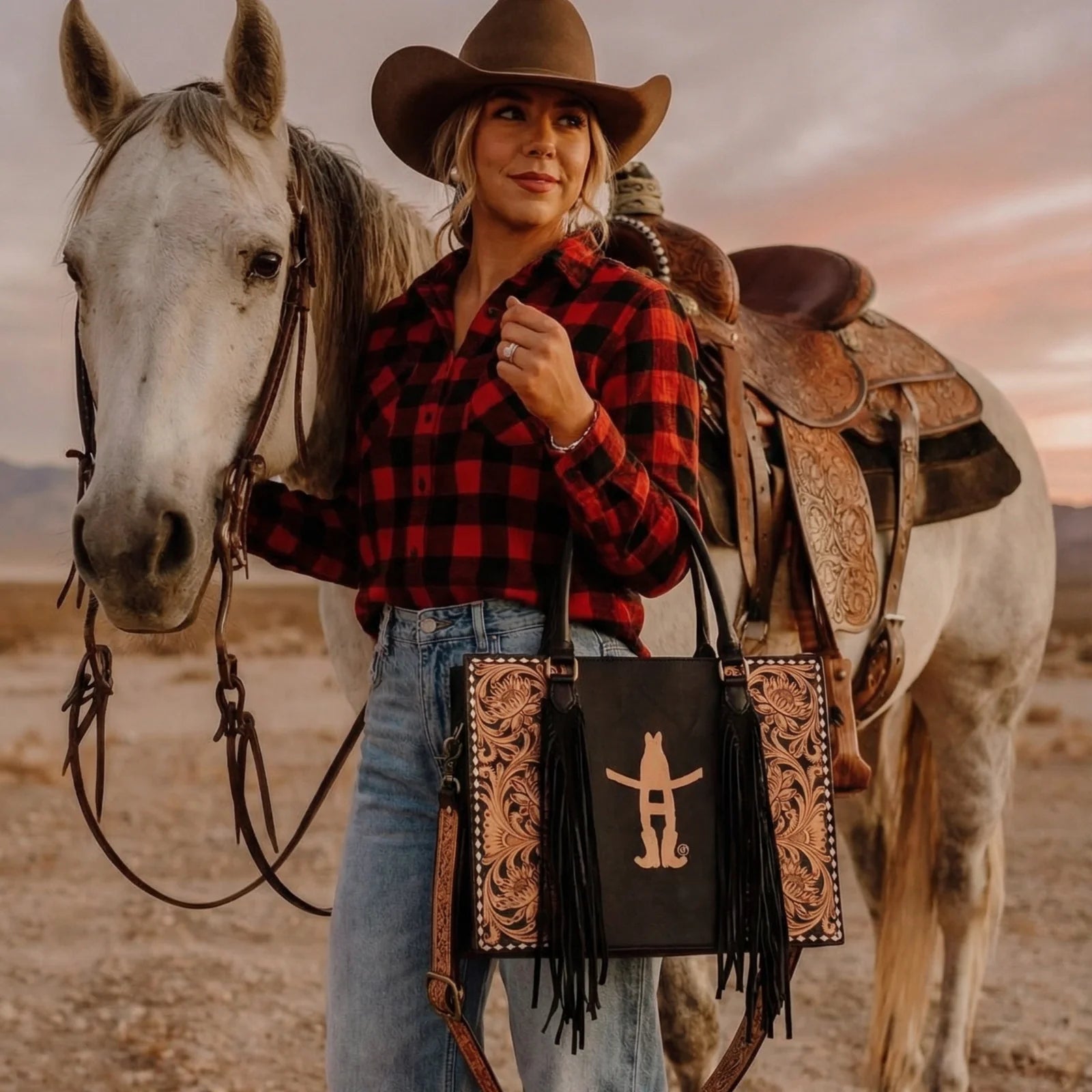 Sunset Rodeo Handtooled and Grain Leather Tote Bag - AD