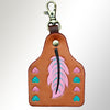 LC-ADKRX115 Hand-Tooled Leather Keyring Pink Feather & Teal Heart Western Design