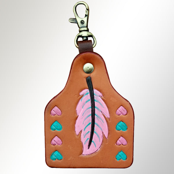 LC-ADKRX115 Hand-Tooled Leather Keyring Pink Feather & Teal Heart Western Design